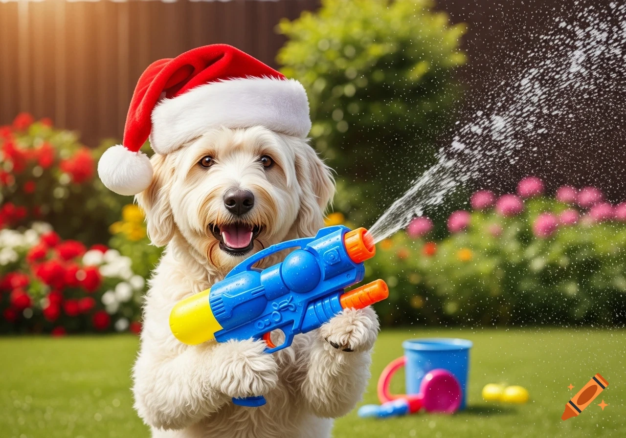 A fluffy white dog in a Santa hat sprays water from a blue and yellow water gun in a sunny backyard.