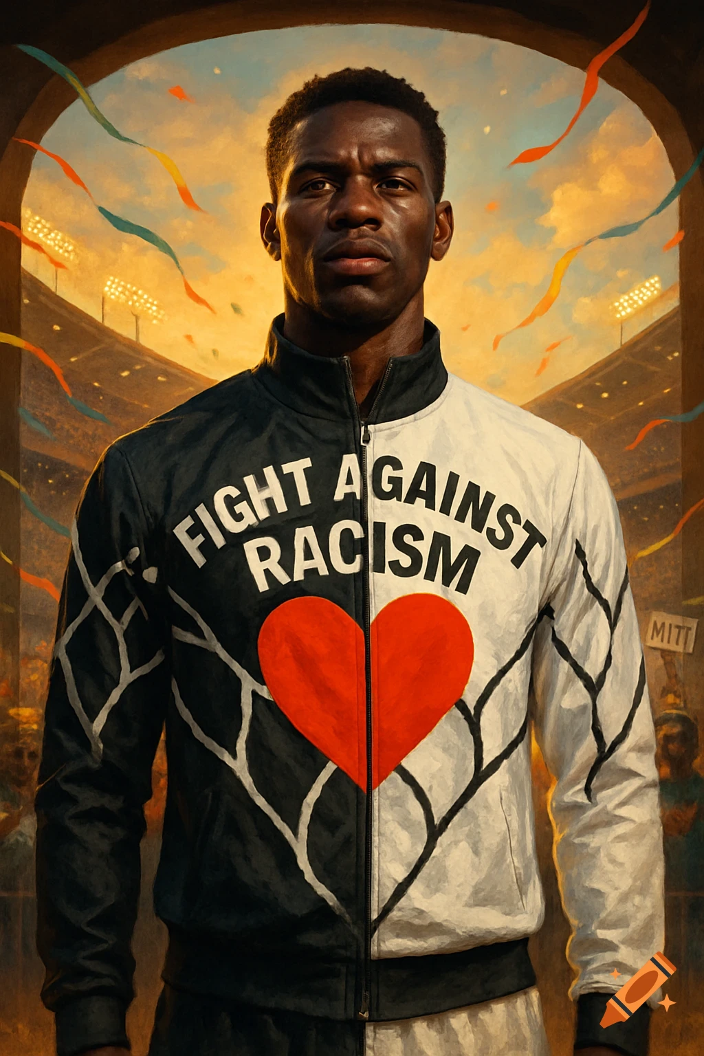 A Black man in a split black and white jacket with 'FIGHT AGAINST RACISM' and a red heart, in a stadium.