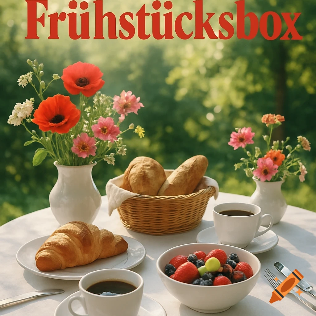 Outdoor breakfast table with a croissant, bread, mixed fruit, two coffees, flower vases, and 'Frühstücksbox' text.