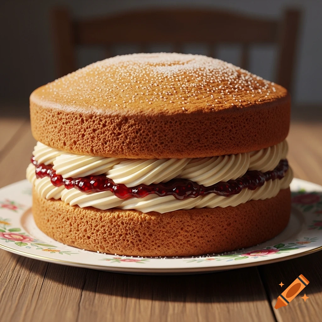 A photorealistic Victorian sponge cake, filled with whipped cream and raspberry jam, dusted with powdered sugar, on a floral plate.