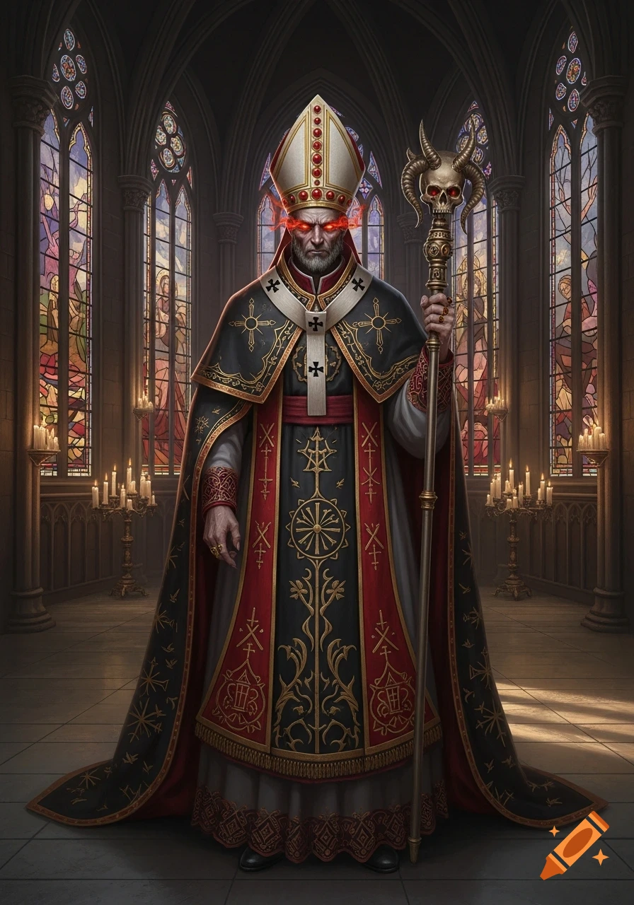A formidable dark fantasy bishop with glowing red eyes and a horned skull staff stands in a gothic cathedral.