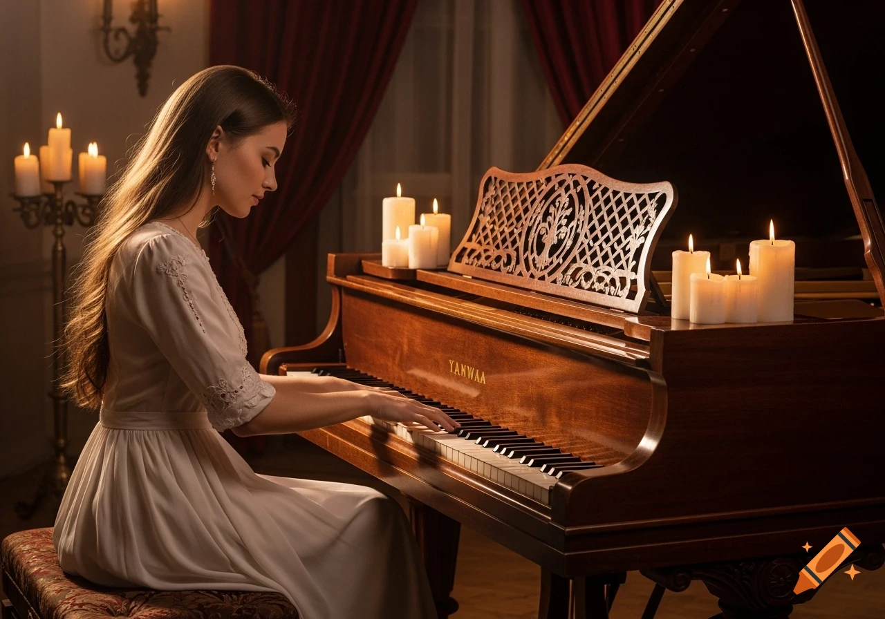 A woman with long brown hair plays a grand piano, surrounded by lit candles in an elegant, dimly lit room.