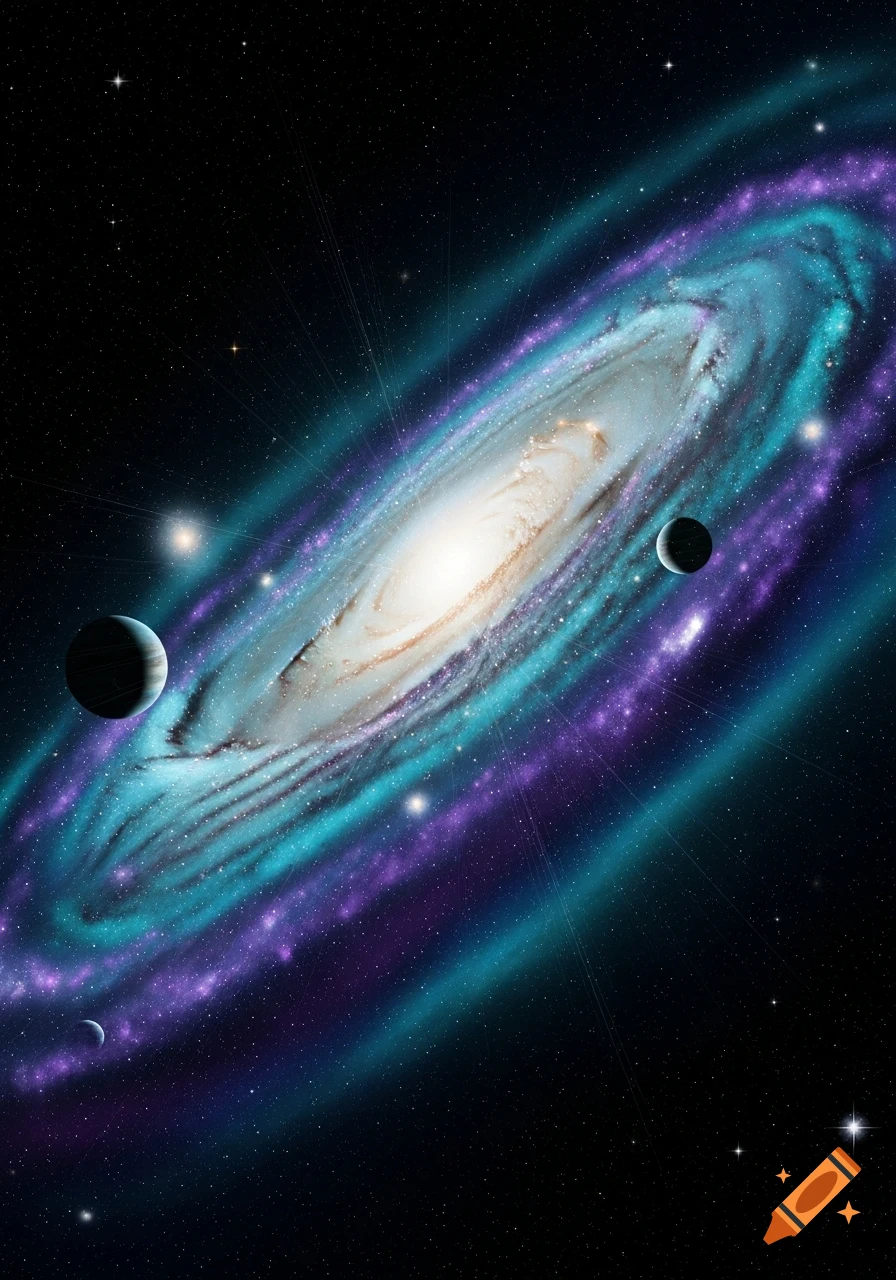 A vibrant spiral galaxy with teal and purple arms, a bright central core, and planets and stars in deep space.