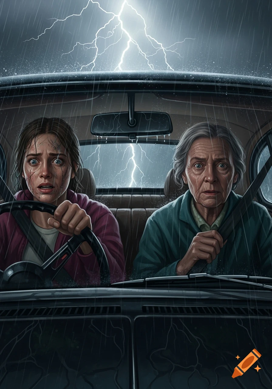 Illustration of two scared women in a car during a lightning storm, rain streaks on the windows.