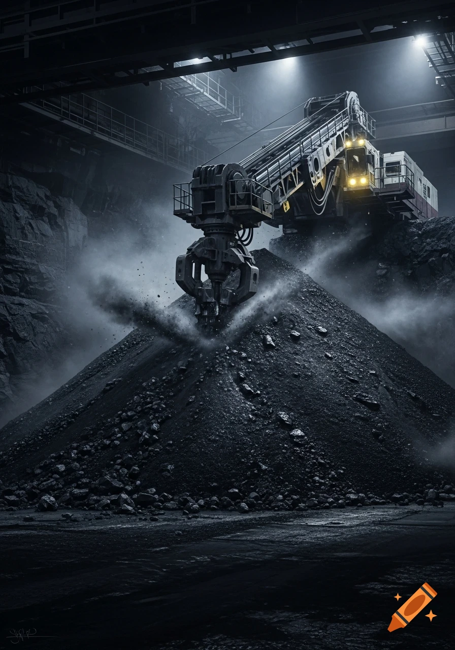 A massive industrial drill machine on a huge pile of coal in a dark, dusty mining facility, photorealistic.