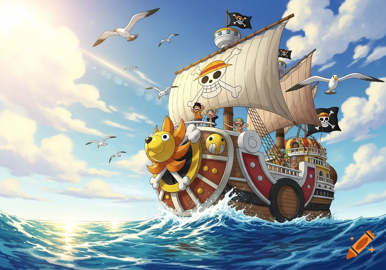 Anime pirate ship, the Thousand Sunny from One Piece, sailing on a blue ocean with characters on deck and seagulls in the sky. Cartoon style.