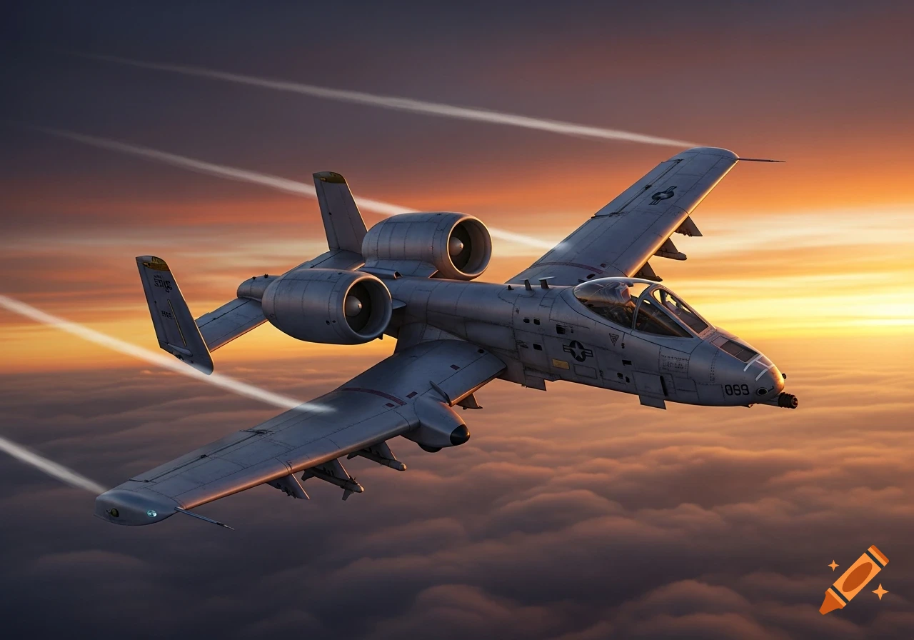 A grey A-10 Warthog military aircraft flies over clouds with streaking lights against a vibrant orange and purple sunset sky.