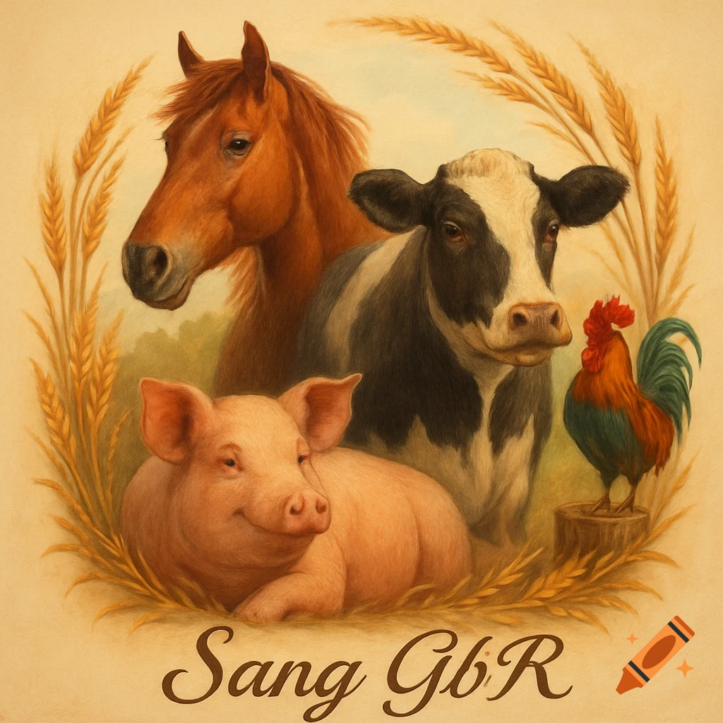 Painted illustration of a horse, cow, pig, and rooster surrounded by wheat ears, with 'Sang GbR' text.