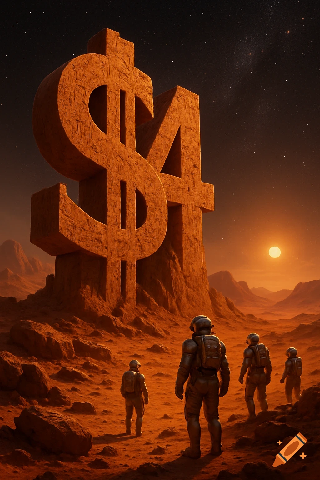 Astronauts explore a red, desolate Mars-like planet with a giant, ancient '$4' symbol structure under a starry sky.