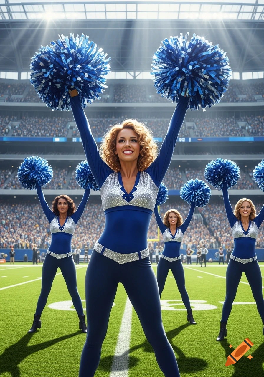 A group of cheerleaders in blue and silver uniforms holding pompoms above their heads on a football field in a stadium.