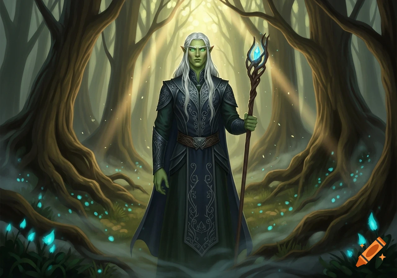 A male elf with green skin and long white hair stands in a mystical forest, holding a staff with a glowing blue crystal.