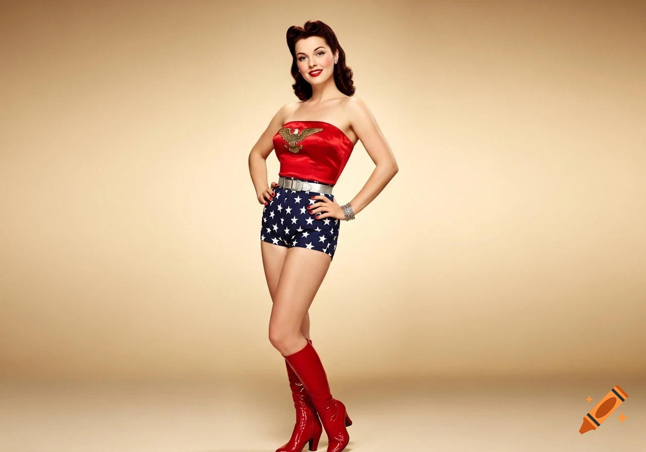 A photorealistic image of a woman in a retro red tube top with an eagle emblem, star-spangled shorts, and red boots, posing against a beige background.