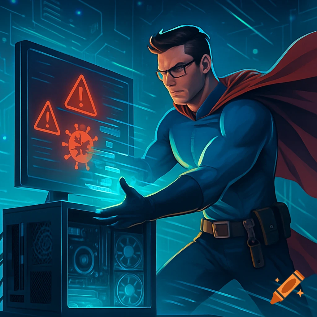 Superhero in a blue suit and red cape fixing a desktop computer with virus warning icons on the monitor, digital illustration.