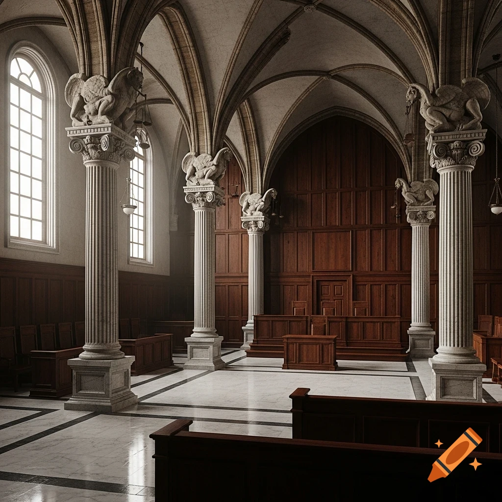 A grand, empty courtroom with vaulted ceilings, dark wood paneling, white marble floors, and columns topped with mythical beast sculptures.