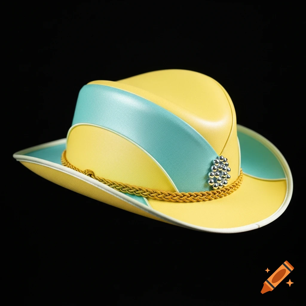 A whimsical yellow and teal hat with a gold braided cord and silver embellishment on a black background.