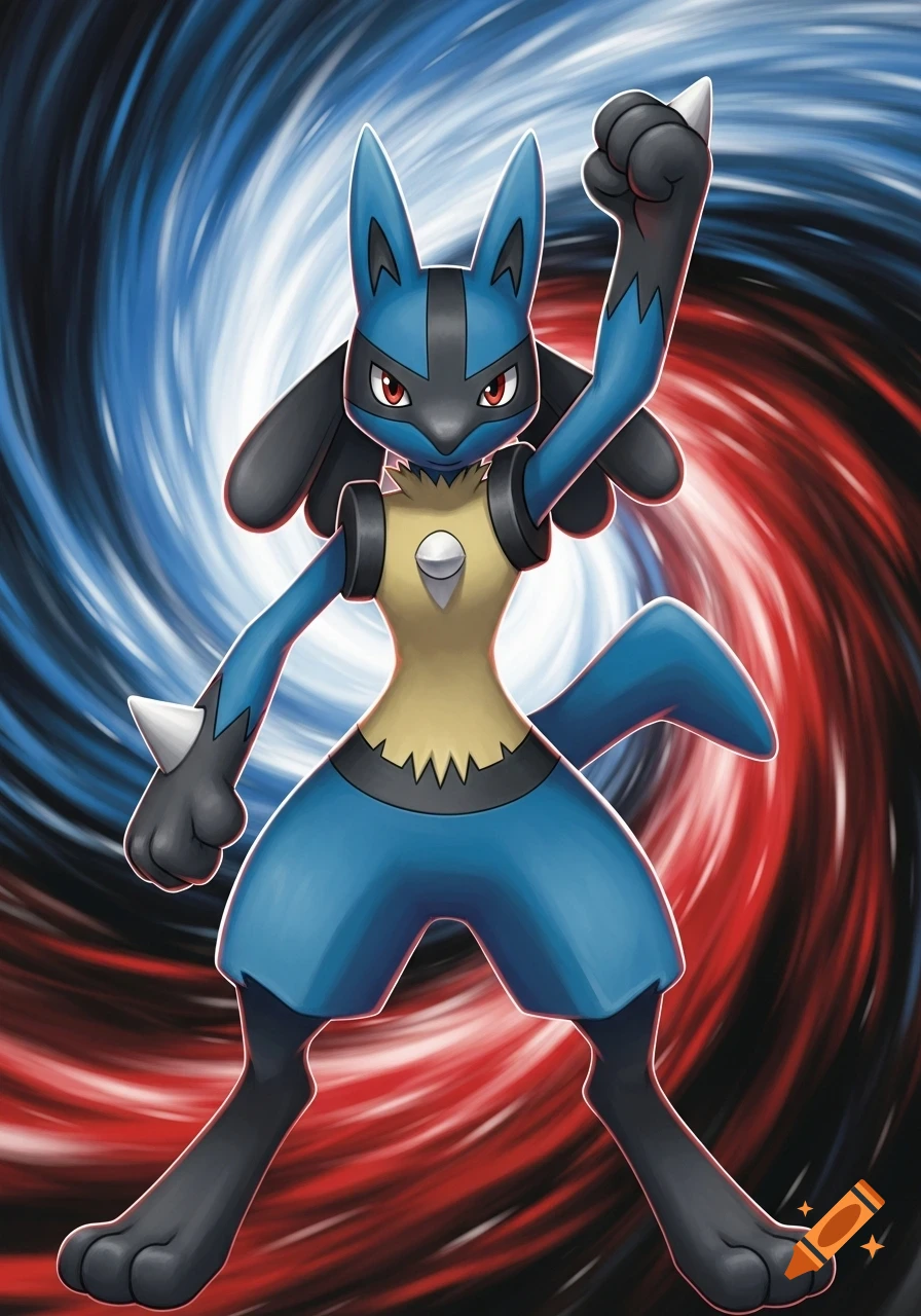 A blue and black Pokémon, Lucario, stands defiantly with a raised fist against a swirling red and blue background.