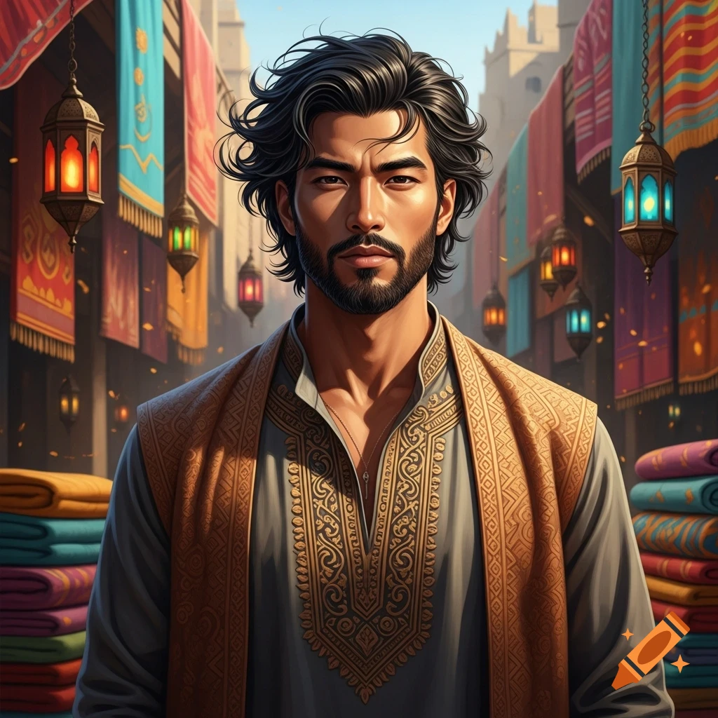 Mixed Asian-Arab man with dark wavy hair and beard in gold-embroidered tunic and vest, in a marketplace with colorful banners and lanterns.