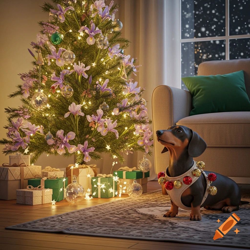 A dachshund in a festive collar sits by a Christmas tree decorated with iris flowers, lights, and presents. Snow falls outside.