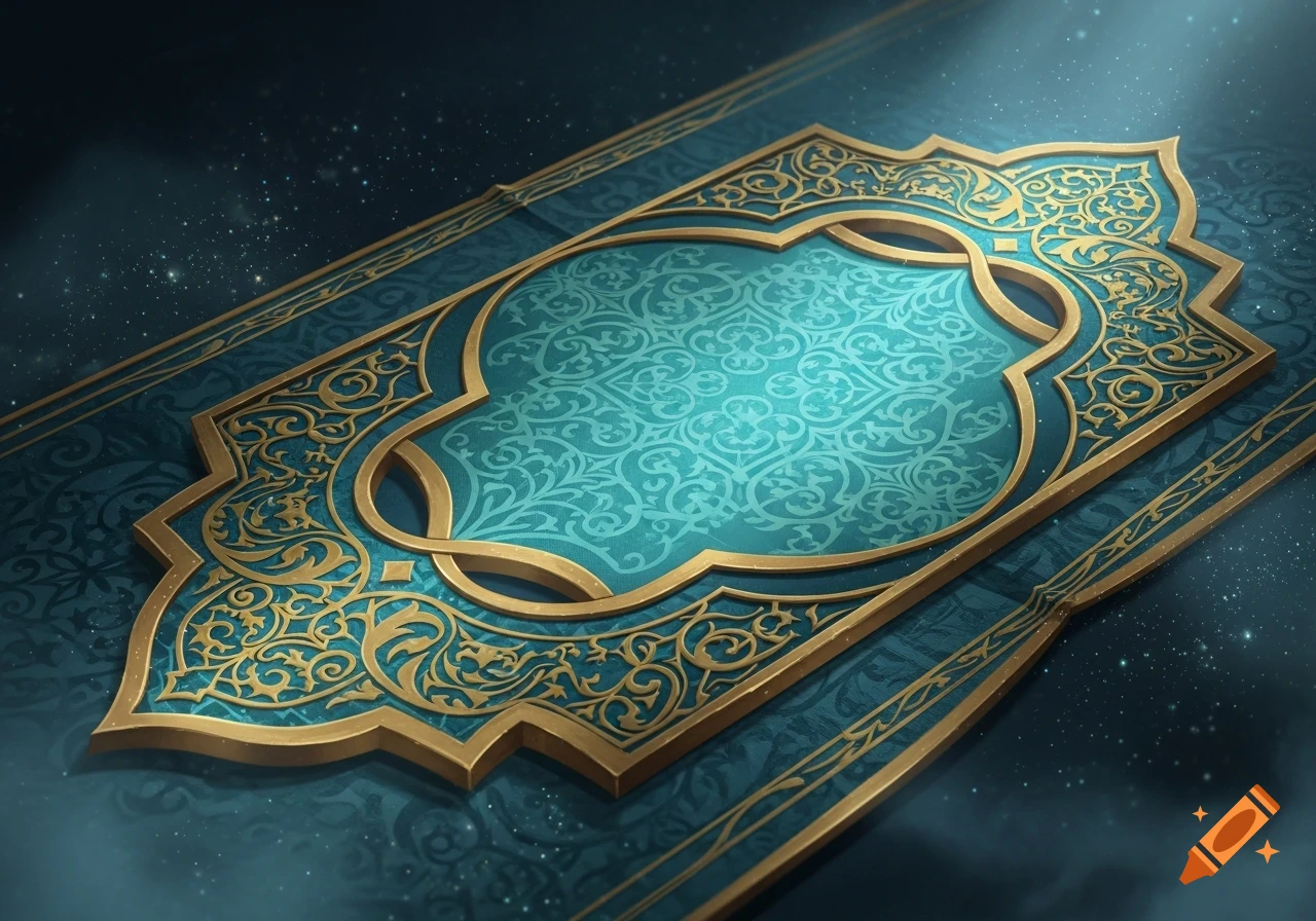 Ornate golden and teal decorative frame with intricate patterns on a dark, starry background, illuminated by soft light.