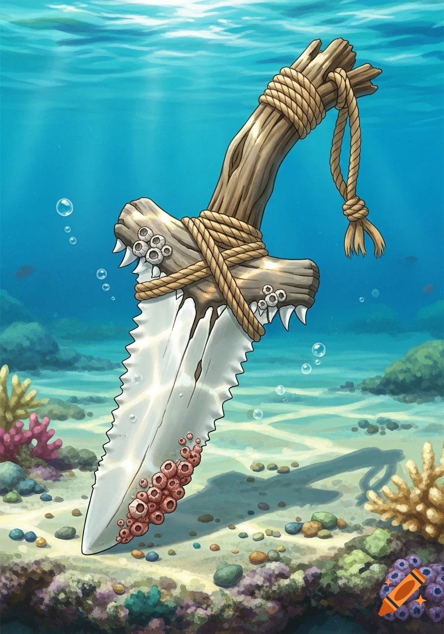 A jagged shark tooth knife with a driftwood handle wrapped in rope, covered in barnacles and coral, rests on a vibrant coral reef underwater in a Ghibli-inspired art style.