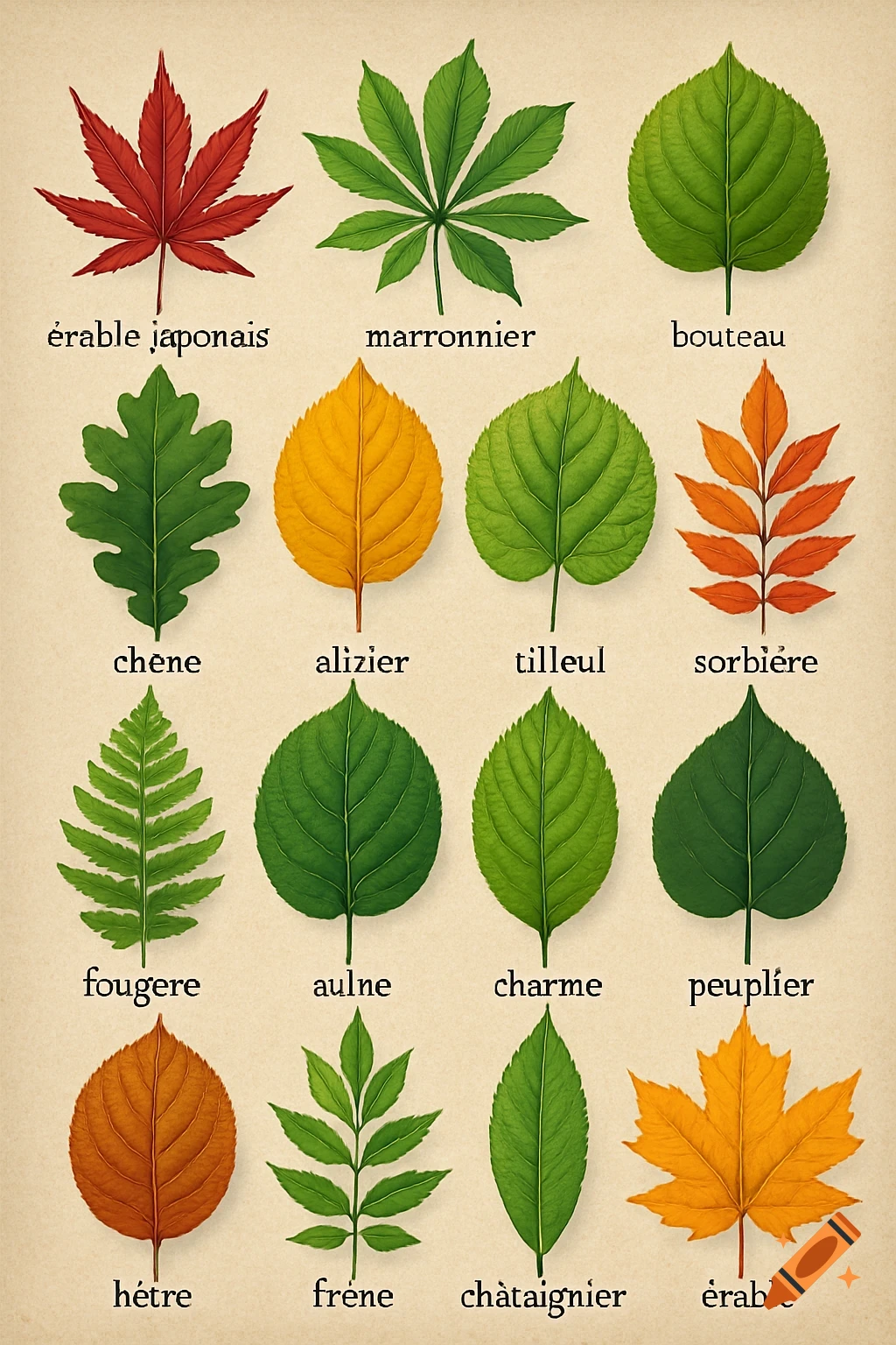 A botanical chart displaying 16 different tree leaves in various shades of green, red, orange, and yellow, each with its French name labeled below.