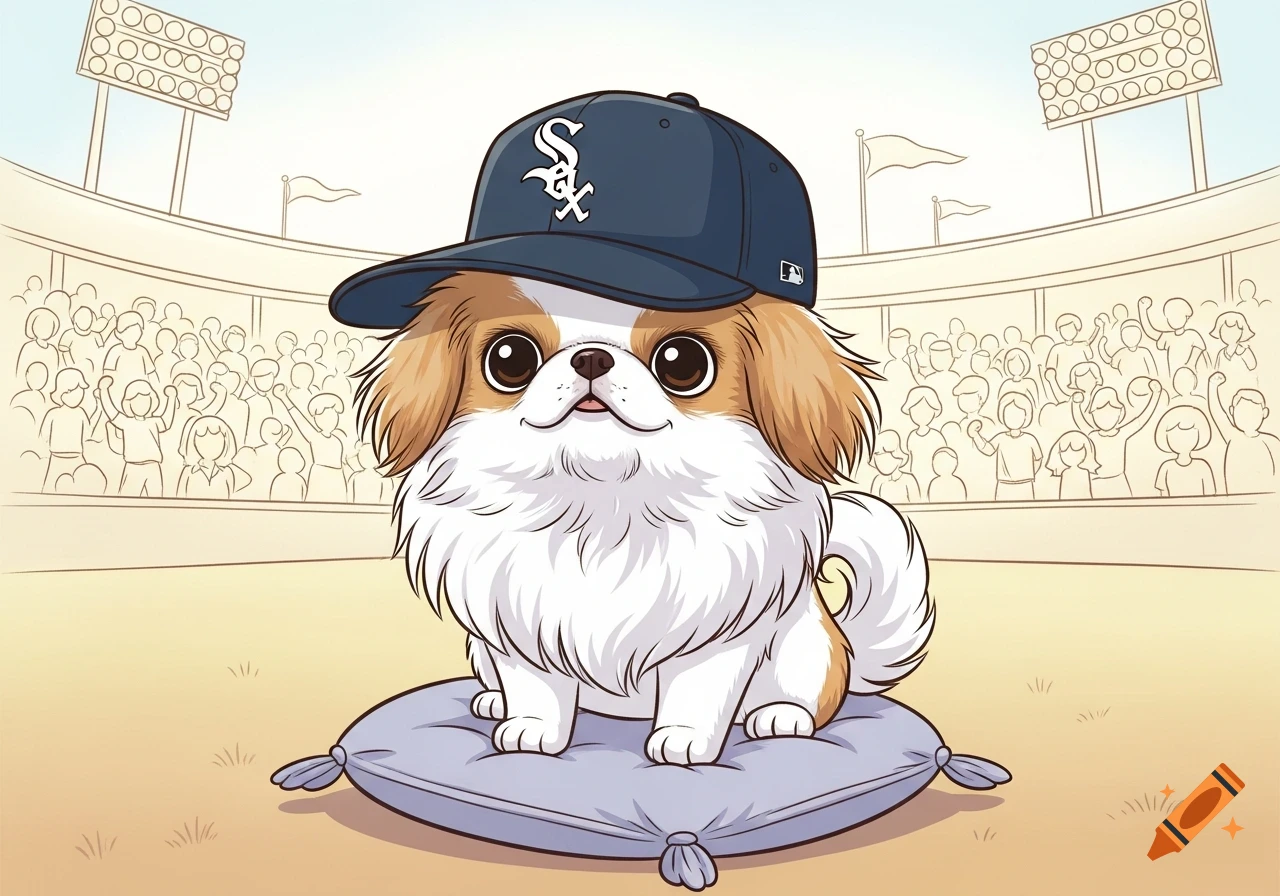 A cute cartoon Japanese Chin dog in a White Sox baseball cap, sitting on a pillow in a stadium.