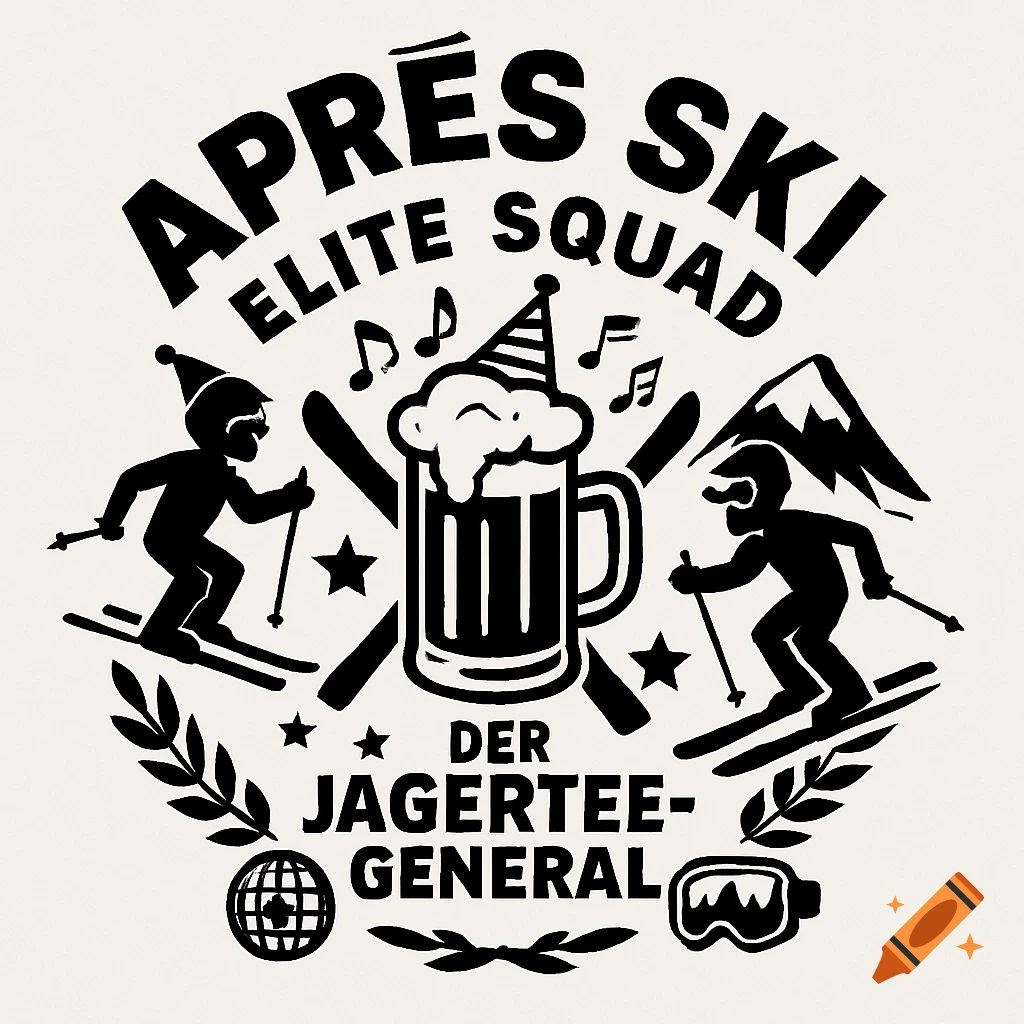 A black and white apres ski logo featuring two skiers, a beer mug with a party hat, music notes, mountains, and text that reads "APRES SKI ELITE SQUAD" and "DER JAGERTEE-GENERAL".