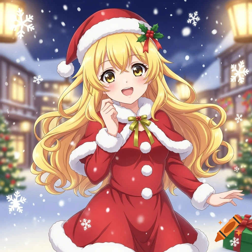 An anime girl with long blonde hair and a Santa hat smiles in a red Christmas dress, standing in a snowy village scene.