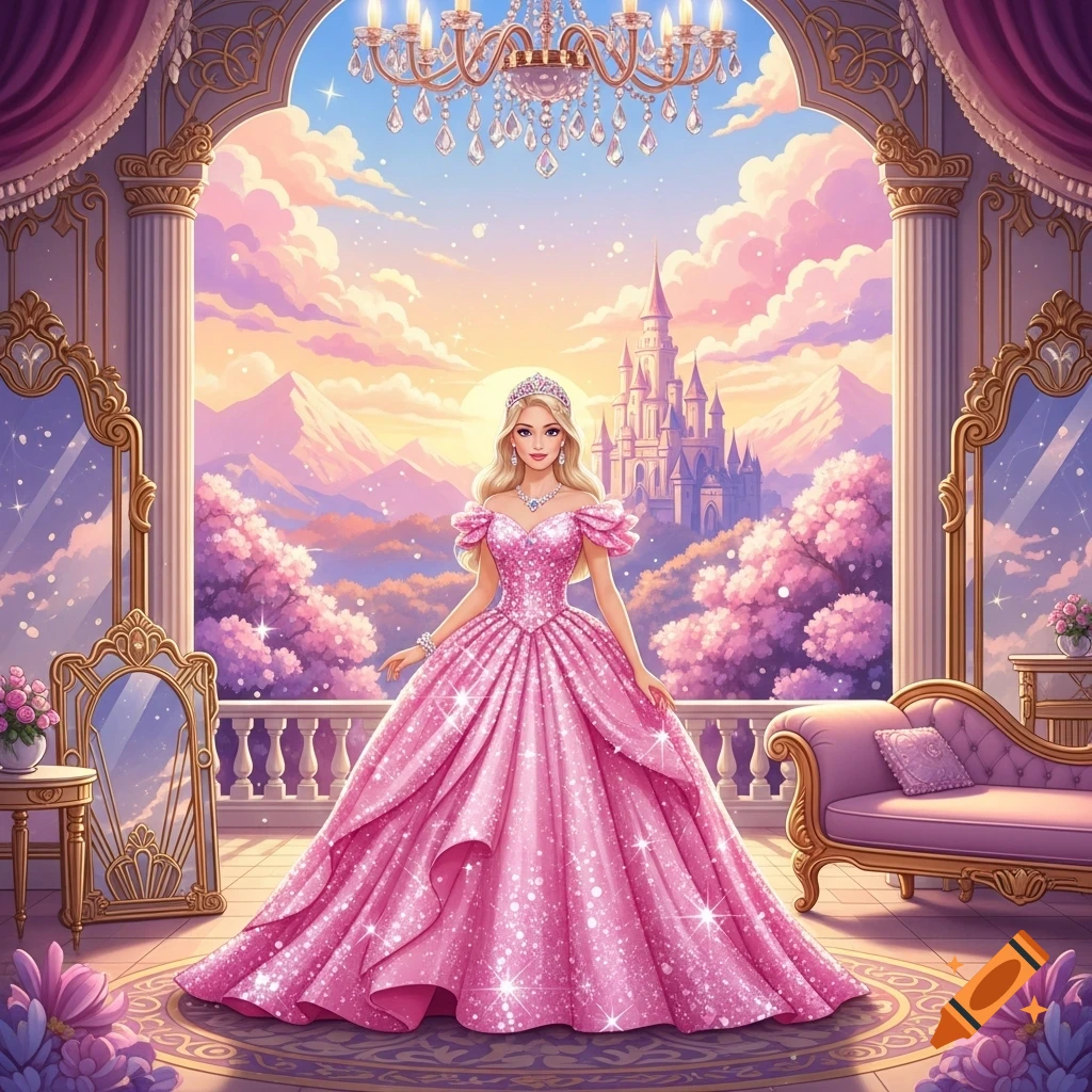 Blonde princess in a sparkly pink gown stands in a grand palace, overlooking a fantasy landscape with a castle and pink trees.
