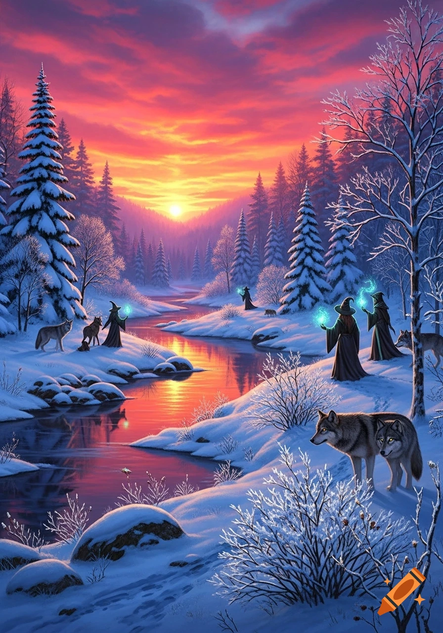 A fantastical winter landscape with witches casting spells by a river, wolves, snow-covered trees, and a vibrant sunset.