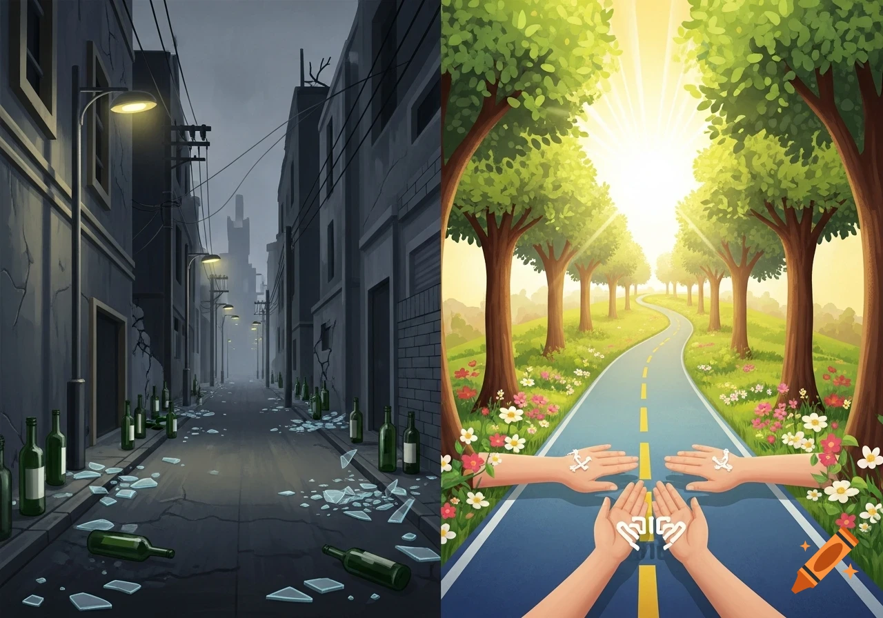 A split image showing a dark, dilapidated alley with broken bottles on one side, and a bright, green road lined with trees and flowers on the other, with hands holding abstract symbols.