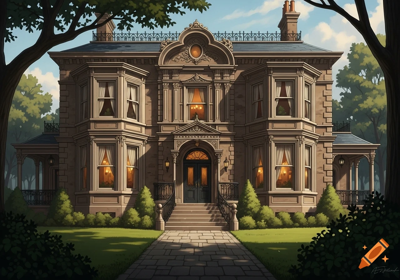 An ornate Victorian mansion with bay windows and a central entrance, surrounded by green trees and lawn, in an illustrative style.