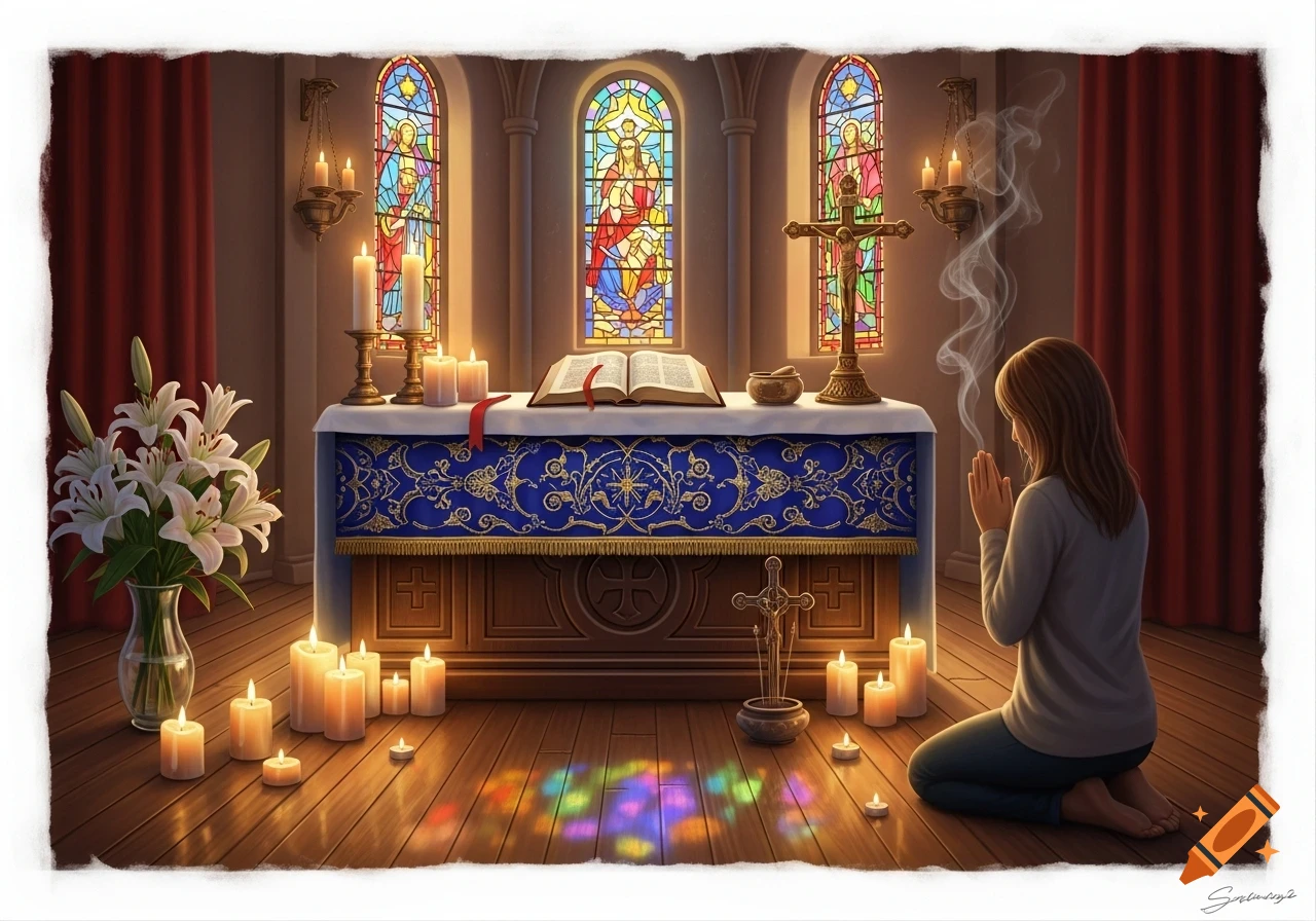 A woman kneels in prayer before an altar, surrounded by candles and stained glass light in a church interior.