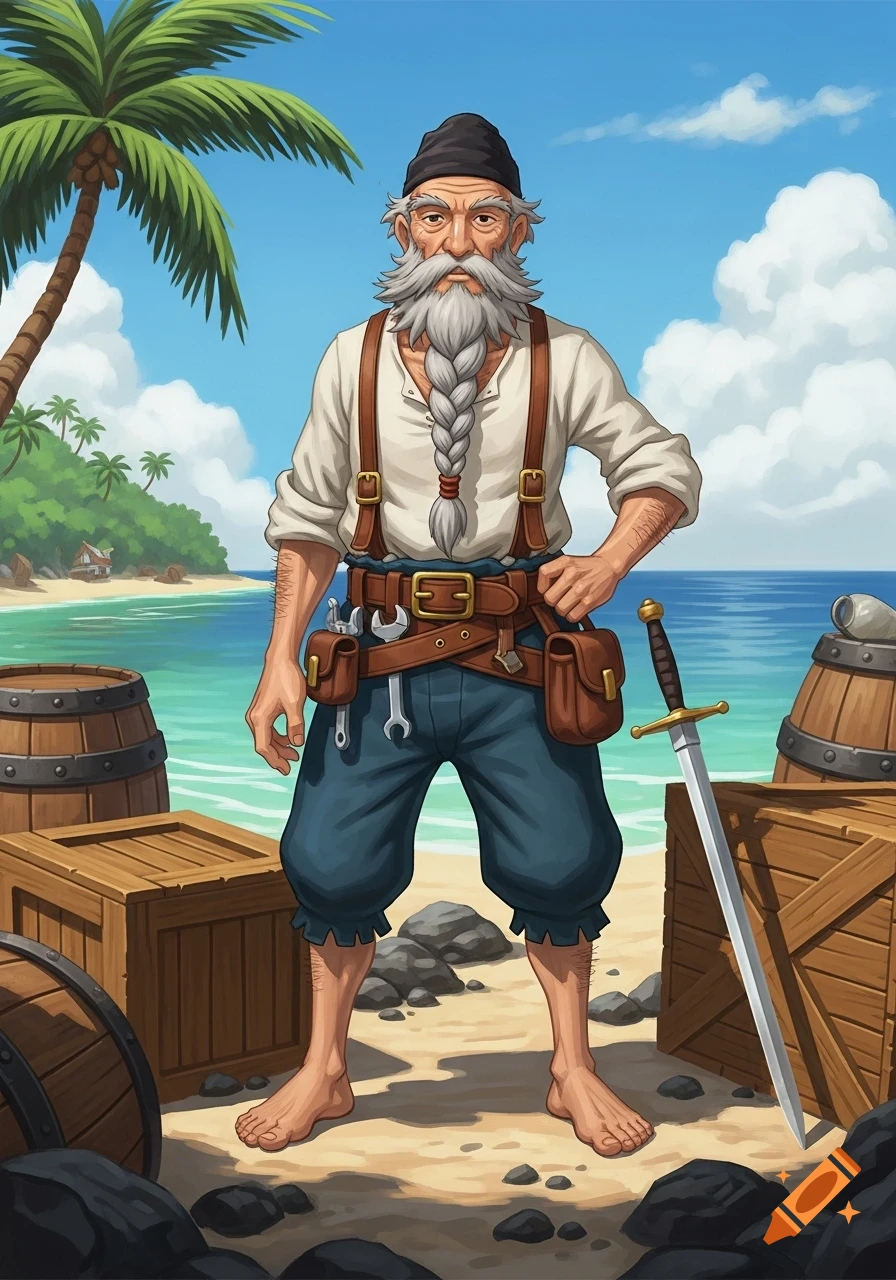 Whimsical illustration of an old, bearded sailor with a braided beard, tool belt, and sword on a tropical beach with crates and barrels.