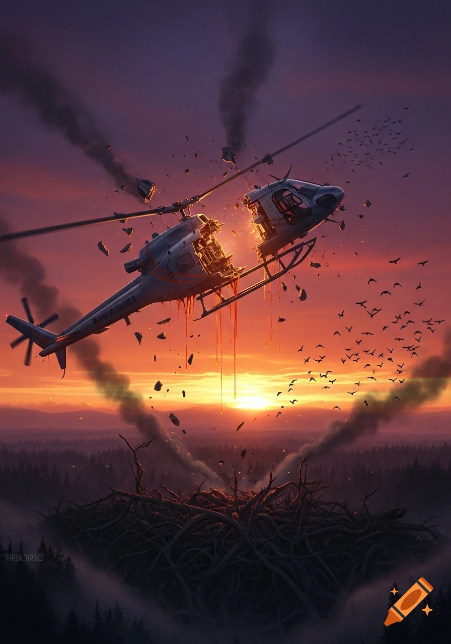 A stylized image of a helicopter split in half, dripping red liquid and smoke, against a vibrant orange and purple sunset over a forest and a large nest-like structure.
