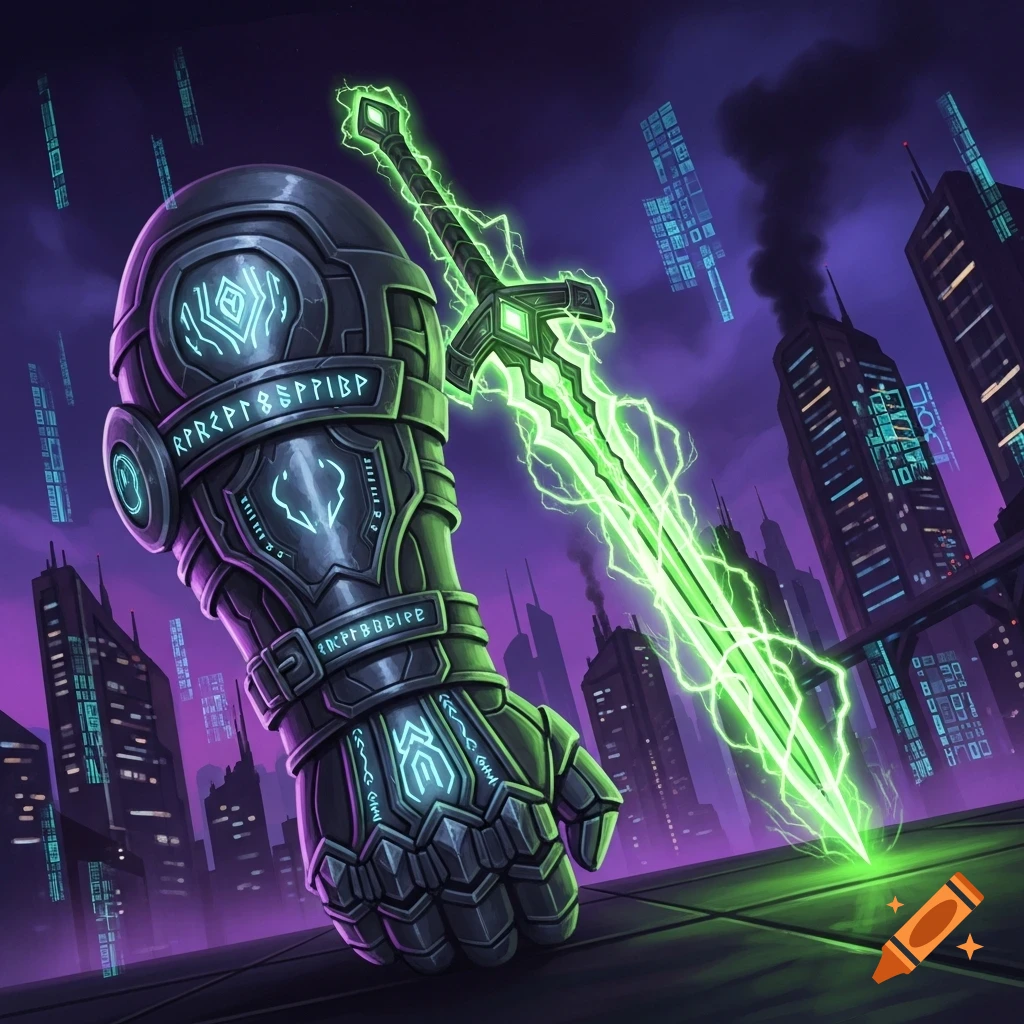 A metallic gauntlet with glowing blue symbols and a vibrant green energy sword illuminates a dark cyberpunk city skyline.