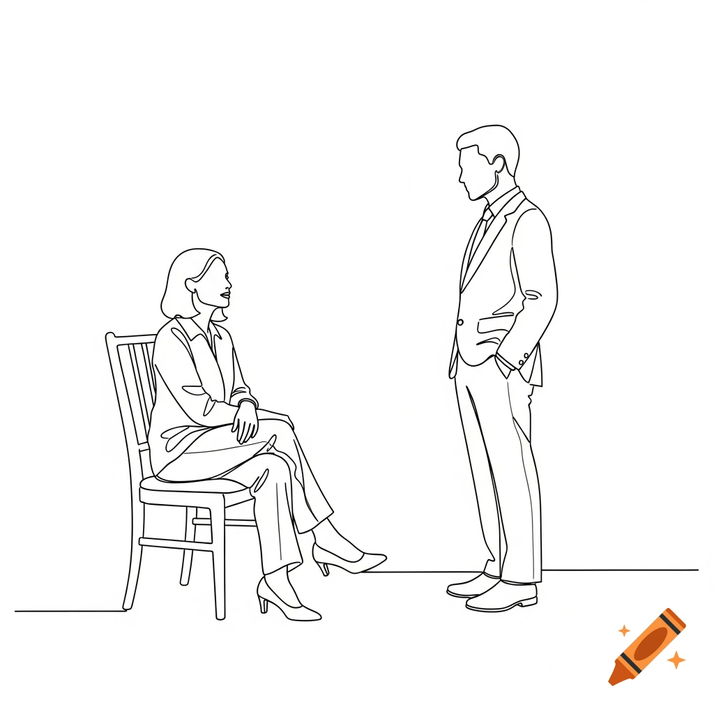 A line drawing of a woman sitting in a chair facing a standing man.