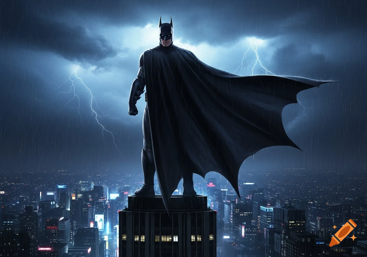 Batman stands on a skyscraper overlooking a rainy city with lightning in the dark sky.