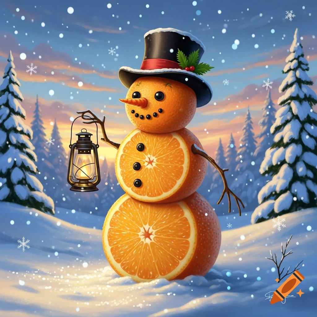 Cute orange snowman with a top hat and lantern in a snowy winter landscape at sunset.