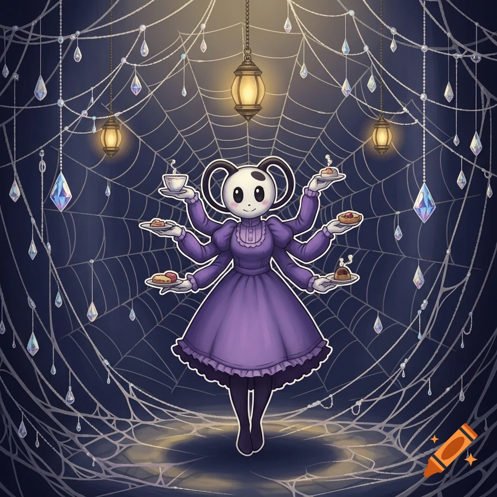 A cartoonish spider-humanoid in a purple dress, holding pastries and a teacup, against a spiderweb background with crystals and lanterns.