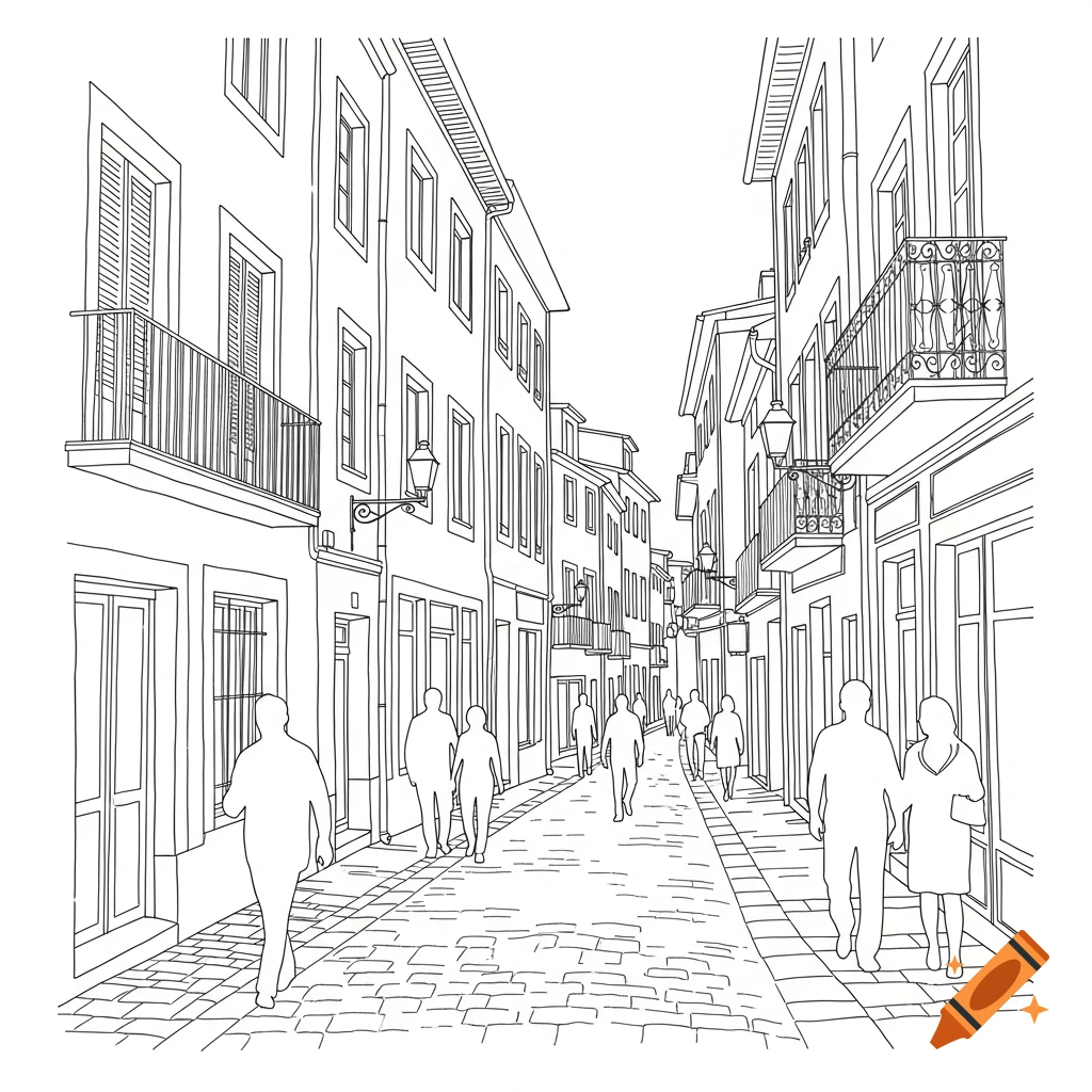 Black and white line art drawing of a narrow European city street with ...
