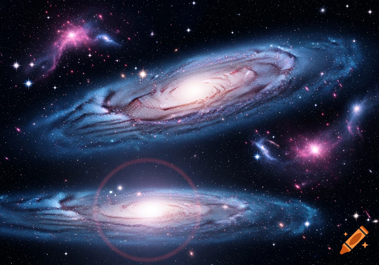 A vibrant cosmic scene with two large spiral galaxies, pink and blue nebulae, and numerous stars against a dark expanse.