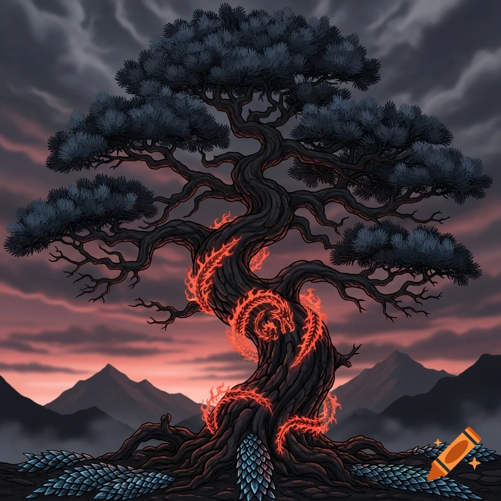 A stylized black pine tree with glowing red dragon patterns wrapped around its trunk, and blue scales at its base, against a dark, cloudy, red sky.