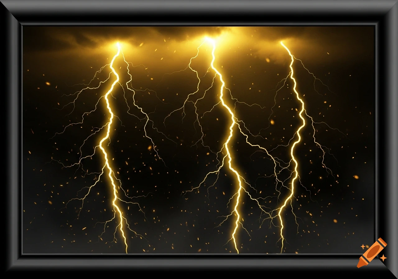 Three bright yellow lightning bolts illuminate a dark, stormy sky with scattered glowing particles.