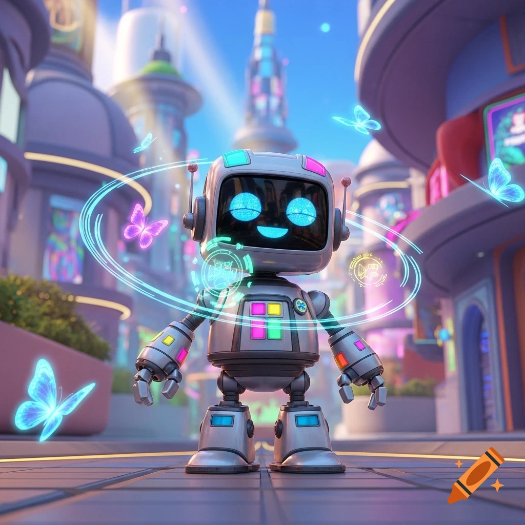 A cheerful, Pixar-style robot with glowing blue eyes stands in a vibrant futuristic city, surrounded by neon butterflies and glowing rings.