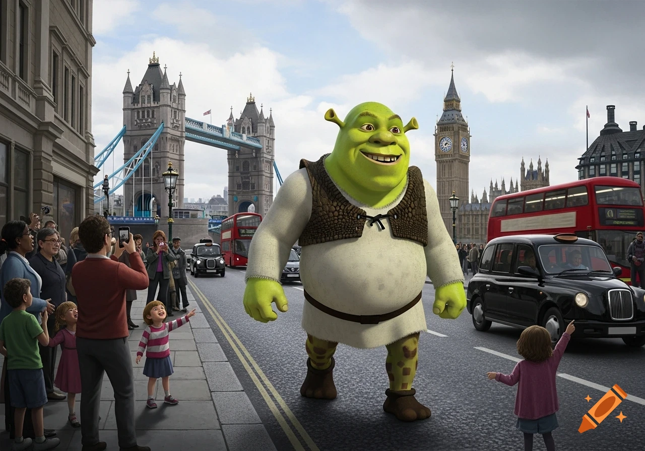 Shrek walks down a busy London street with Tower Bridge and Big Ben in the background as people watch and take photos.
