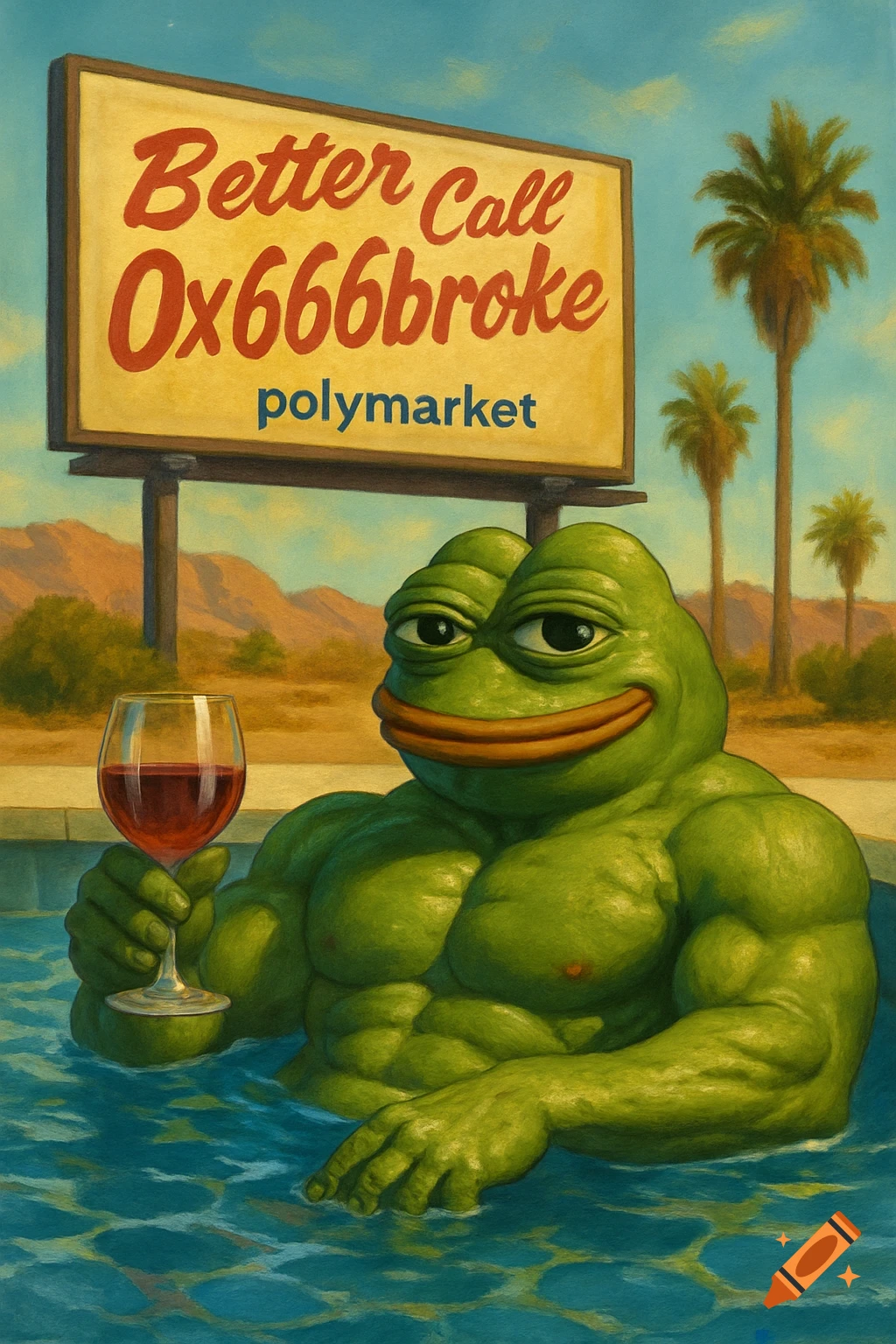 Muscular green frog (Pepe) in a pool, holding a wine glass, with a "Better Call 0x666broke polymarket" billboard in a desert background, in a painterly style.