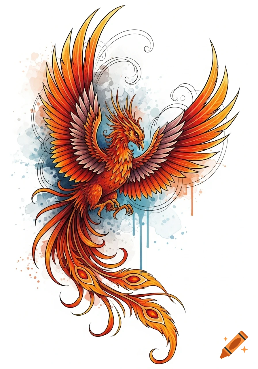 A vibrant, stylized orange and red phoenix with outstretched wings and a flowing tail, set against blue watercolor splashes. Tattoo art.