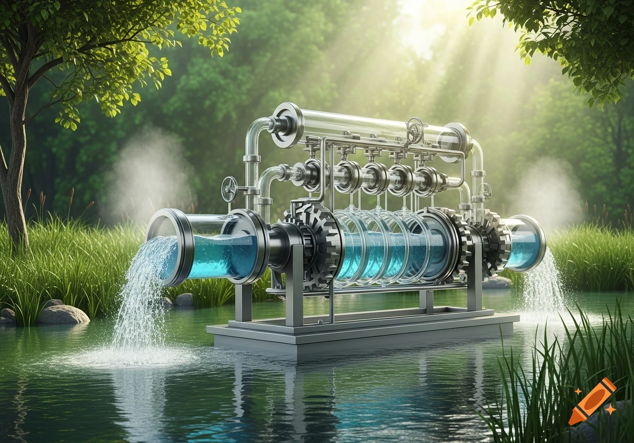 A large water purification machine with transparent tubes filtering ...