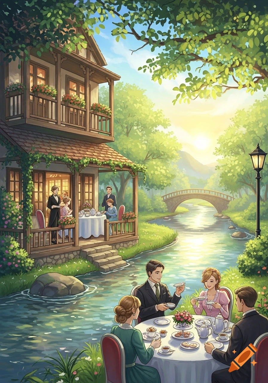 An idyllic illustration of people having a tea party by a river next to a house, with a bridge and lush greenery.
